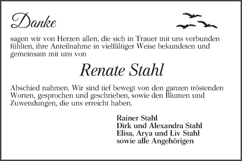  Traueranzeige für Renate Stahl vom 24.01.2026 aus Mannheimer Morgen
