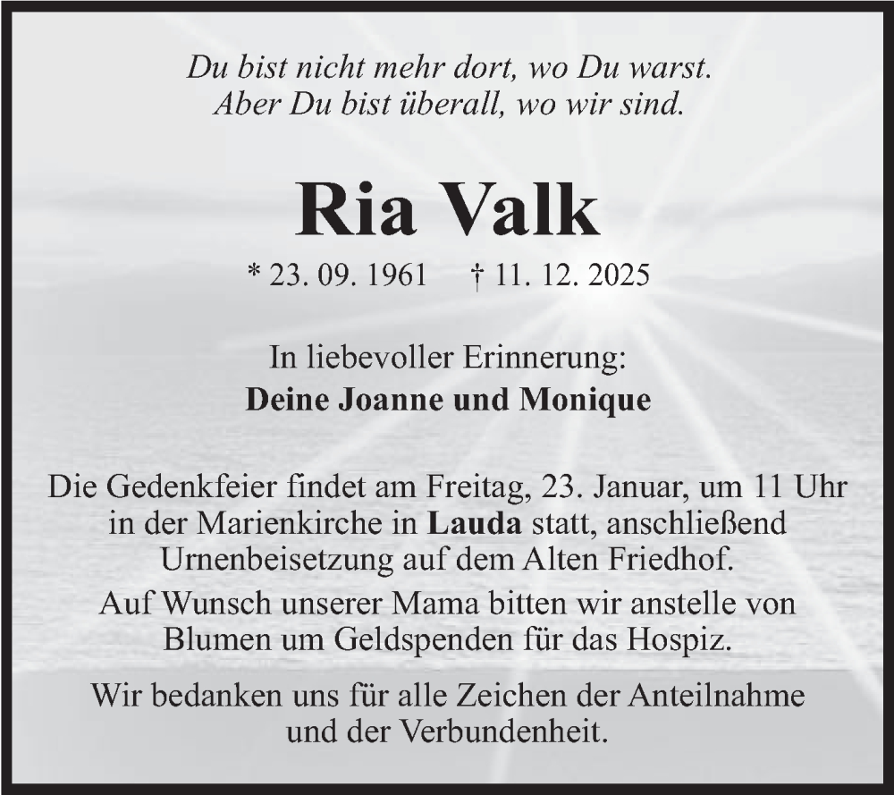  Traueranzeige für Ria Valk vom 17.01.2026 aus Fränkische Nachrichten