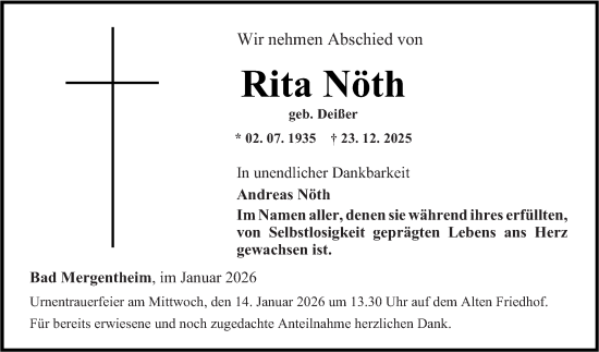 Traueranzeige von Rita Nöth von Fränkische Nachrichten