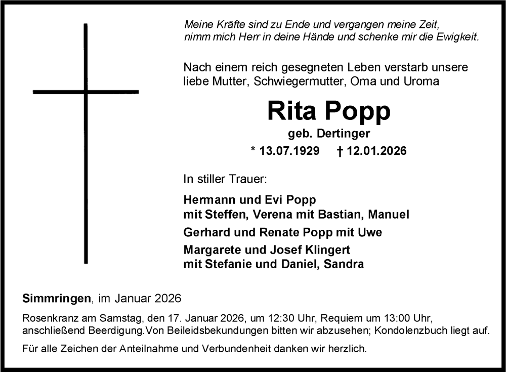  Traueranzeige für Rita Popp vom 15.01.2026 aus Fränkische Nachrichten