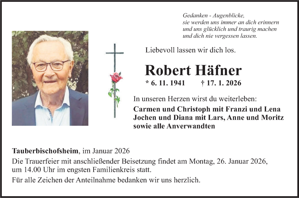  Traueranzeige für Robert Häfner vom 24.01.2026 aus Fränkische Nachrichten