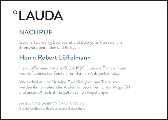 Traueranzeige von Robert Löffelmann von Fränkische Nachrichten