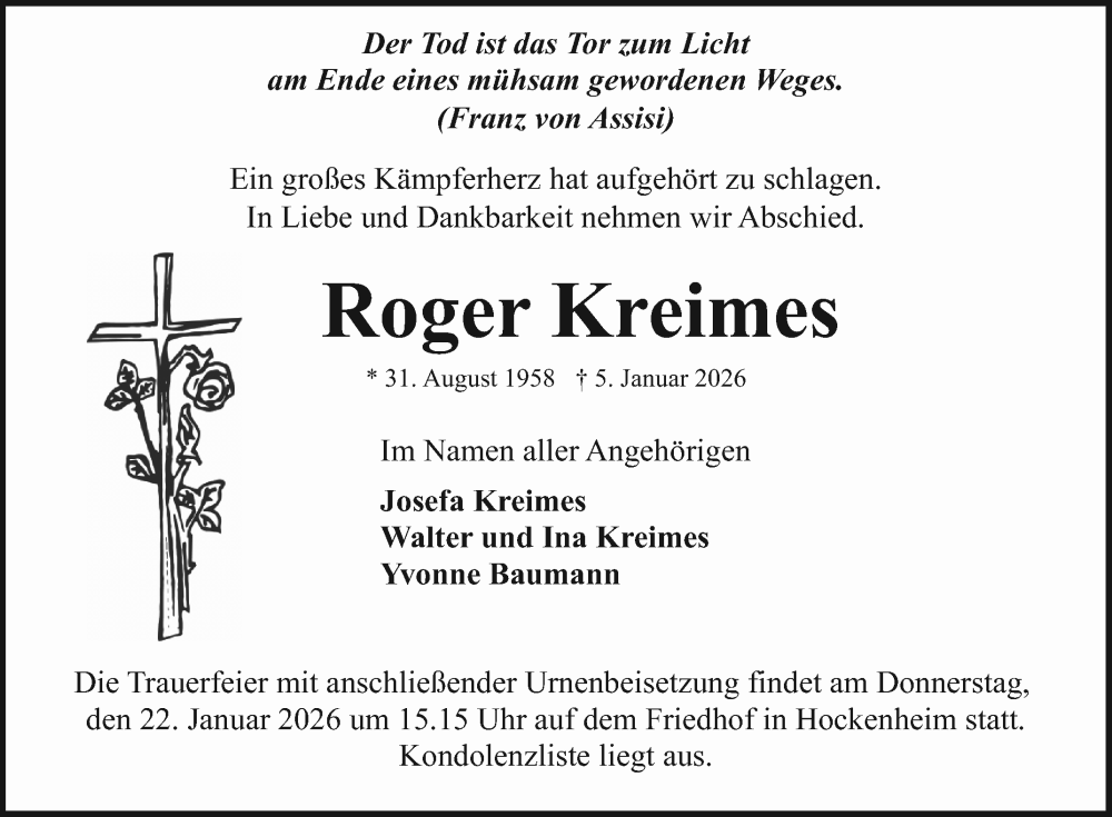  Traueranzeige für Roger Kreimes vom 17.01.2026 aus Schwetzinger Zeitung