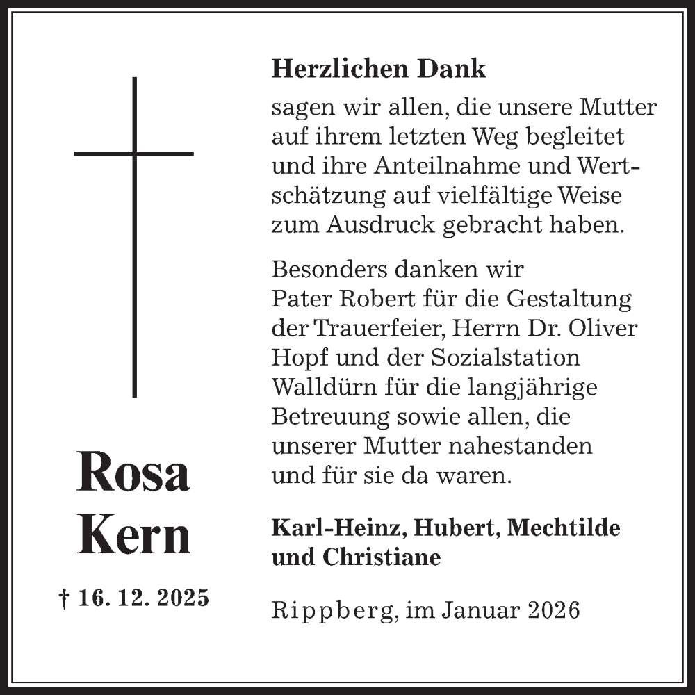  Traueranzeige für Rosa Kern vom 03.01.2026 aus Fränkische Nachrichten