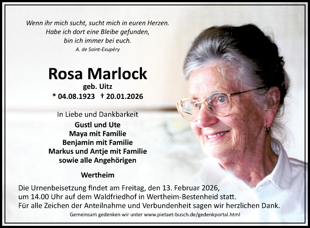  Traueranzeige für Rosa Marlock vom 31.01.2026 aus Fränkische Nachrichten