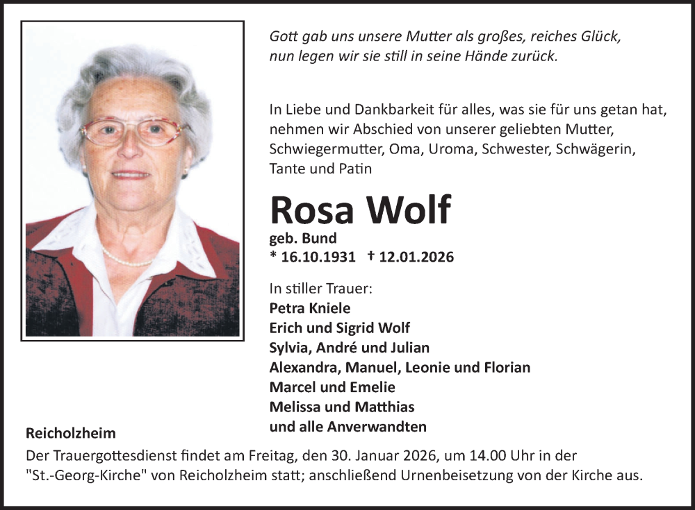 Traueranzeige für Rosa Wolf vom 24.01.2026 aus Fränkische Nachrichten