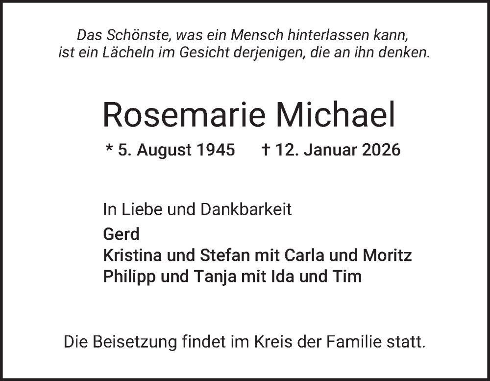  Traueranzeige für Rosemarie Michael vom 20.01.2026 aus Mannheimer Morgen