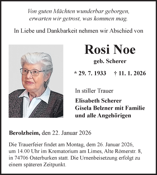 Traueranzeige von Rosi Noe von Fränkische Nachrichten
