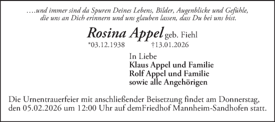 Traueranzeige von Rosina Appel von Mannheimer Morgen