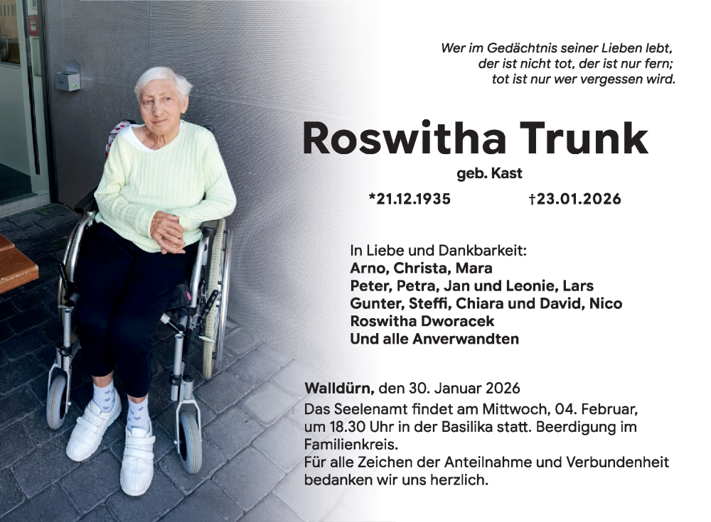  Traueranzeige für Roswitha Trunk vom 30.01.2026 aus Fränkische Nachrichten