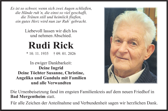 Traueranzeige von Rudi Rick von Fränkische Nachrichten