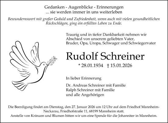 Traueranzeige von Rudolf Schreiner von Mannheimer Morgen
