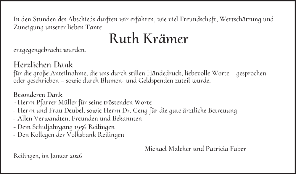  Traueranzeige für Ruth Krämer vom 24.01.2026 aus Schwetzinger Zeitung