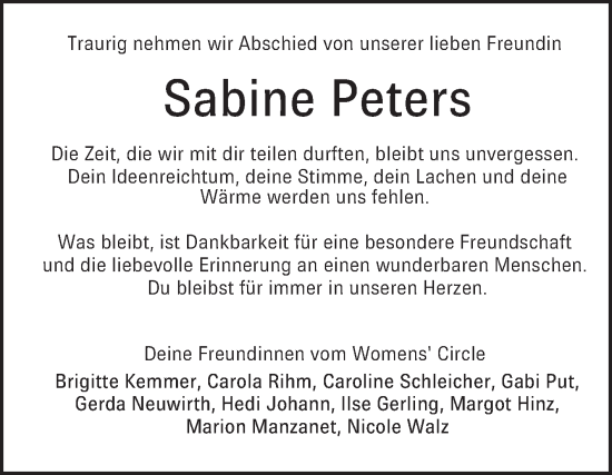 Traueranzeige von Sabine Peters von Mannheimer Morgen