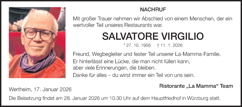  Traueranzeige für Salvatore Virgilio vom 17.01.2026 aus Fränkische Nachrichten