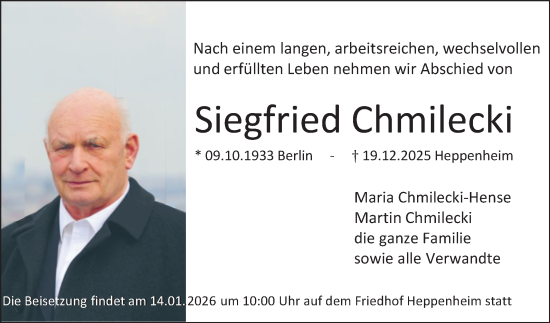 Traueranzeige von Siegfried Chmilecki von Bergsträßer Anzeiger