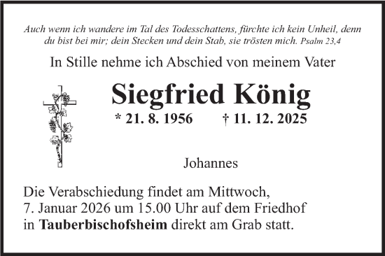 Traueranzeige von Siegfried König von Fränkische Nachrichten