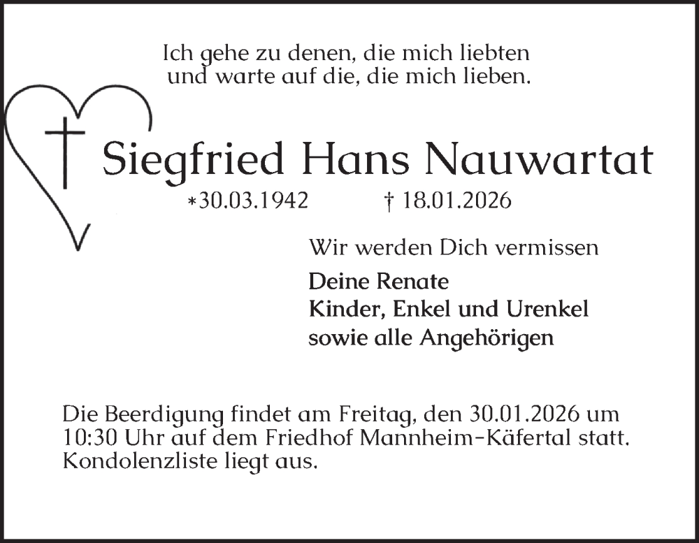  Traueranzeige für Siegfried Hans Nauwartat vom 24.01.2026 aus Mannheimer Morgen