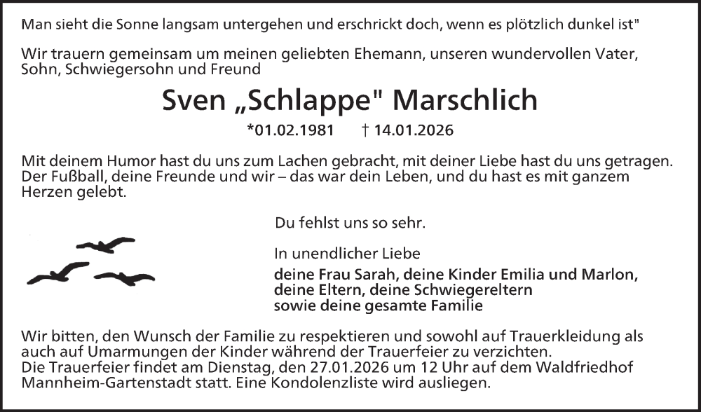  Traueranzeige für Sven Marschlich vom 24.01.2026 aus Mannheimer Morgen