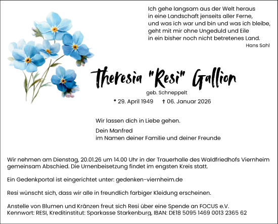 Traueranzeige von Theresia Gallion von Mannheimer Morgen
