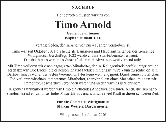 Traueranzeige von Timo Arnold von Fränkische Nachrichten