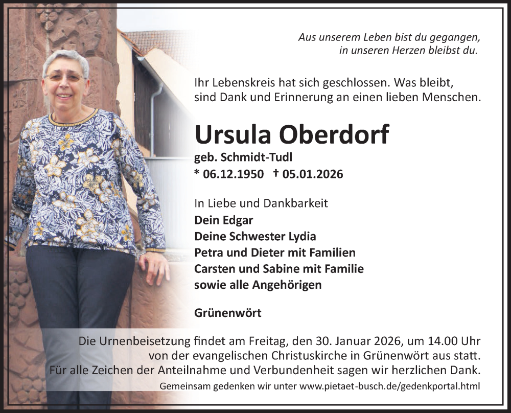  Traueranzeige für Ursula Oberdorf vom 24.01.2026 aus Fränkische Nachrichten