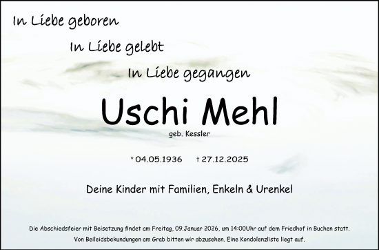 Traueranzeige von Uschi Mehl von Fränkische Nachrichten