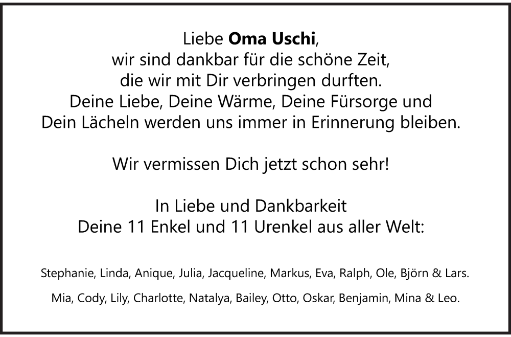  Traueranzeige für Uschi Mehl vom 03.01.2026 aus Fränkische Nachrichten