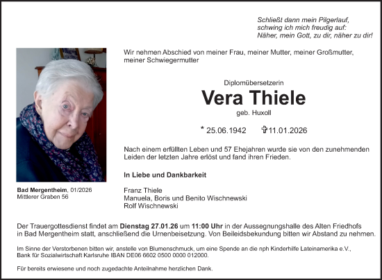 Traueranzeige von Vera Thiele von Fränkische Nachrichten