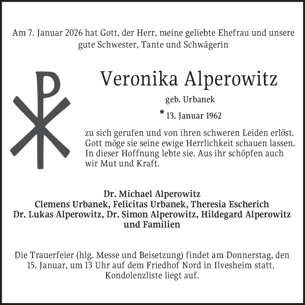  Traueranzeige für Veronika Alperowitz vom 10.01.2026 aus Mannheimer Morgen