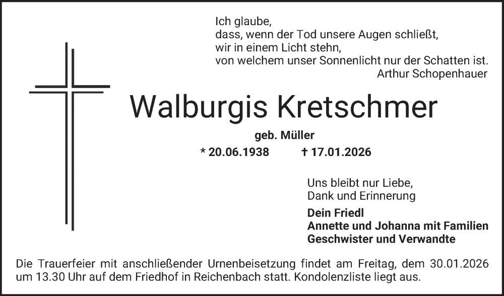  Traueranzeige für Walburgis Kretschmer vom 24.01.2026 aus Bergsträßer Anzeiger