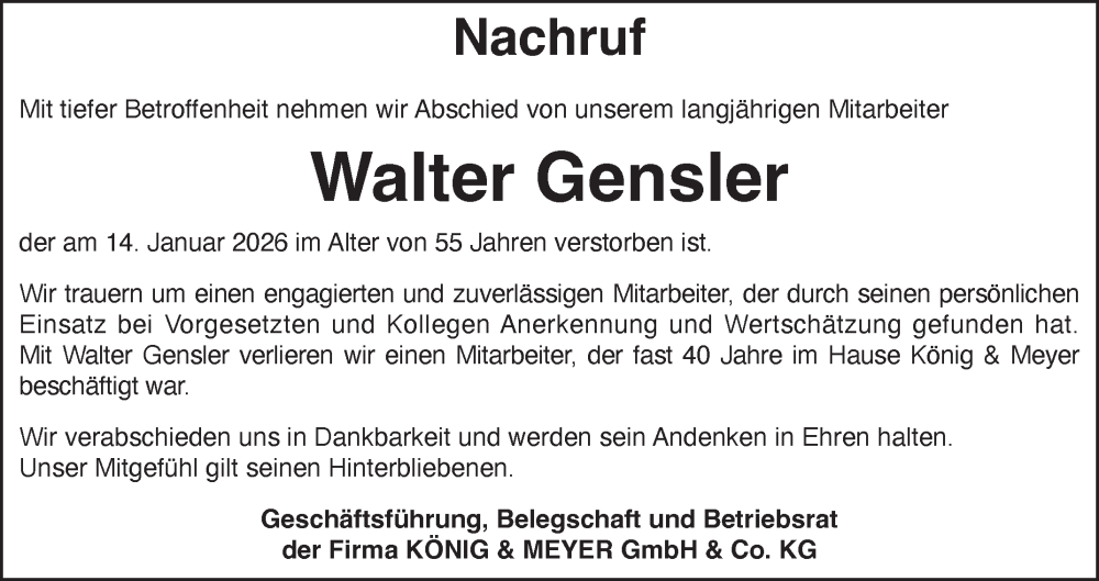  Traueranzeige für Walter Gensler vom 31.01.2026 aus Fränkische Nachrichten