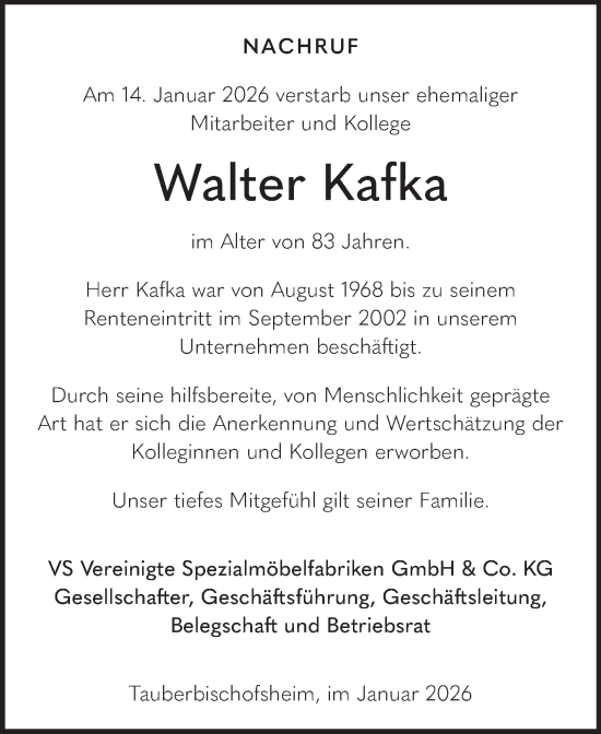 Traueranzeige von Walter Kafka von Fränkische Nachrichten