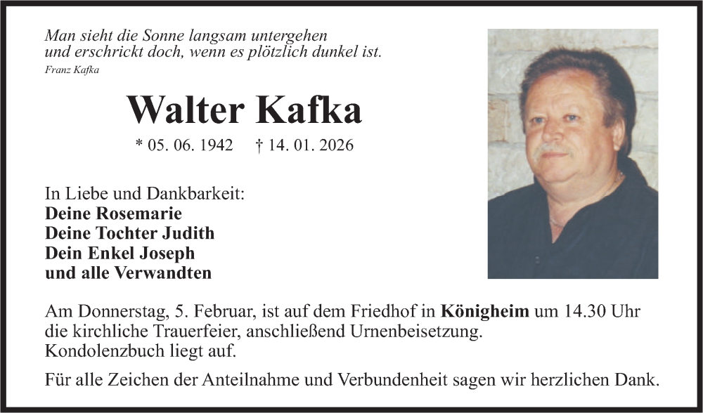  Traueranzeige für Walter Kafka vom 31.01.2026 aus Fränkische Nachrichten