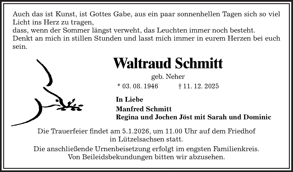  Traueranzeige für Waltraud Schmitt vom 03.01.2026 aus Mannheimer Morgen