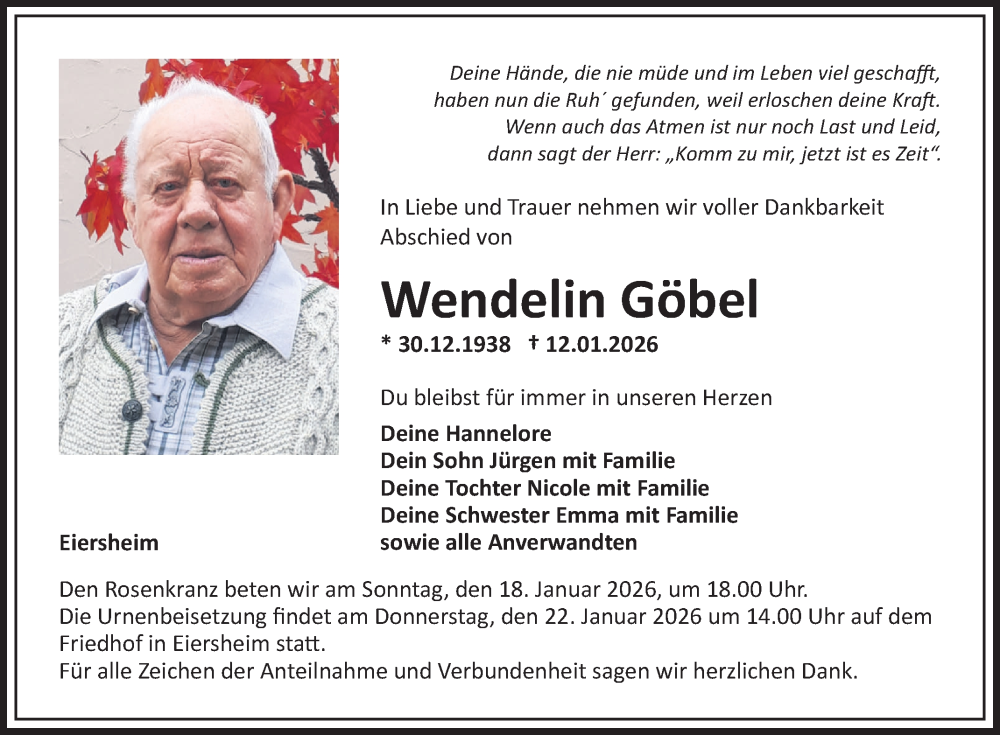  Traueranzeige für Wendelin Göbel vom 17.01.2026 aus Fränkische Nachrichten