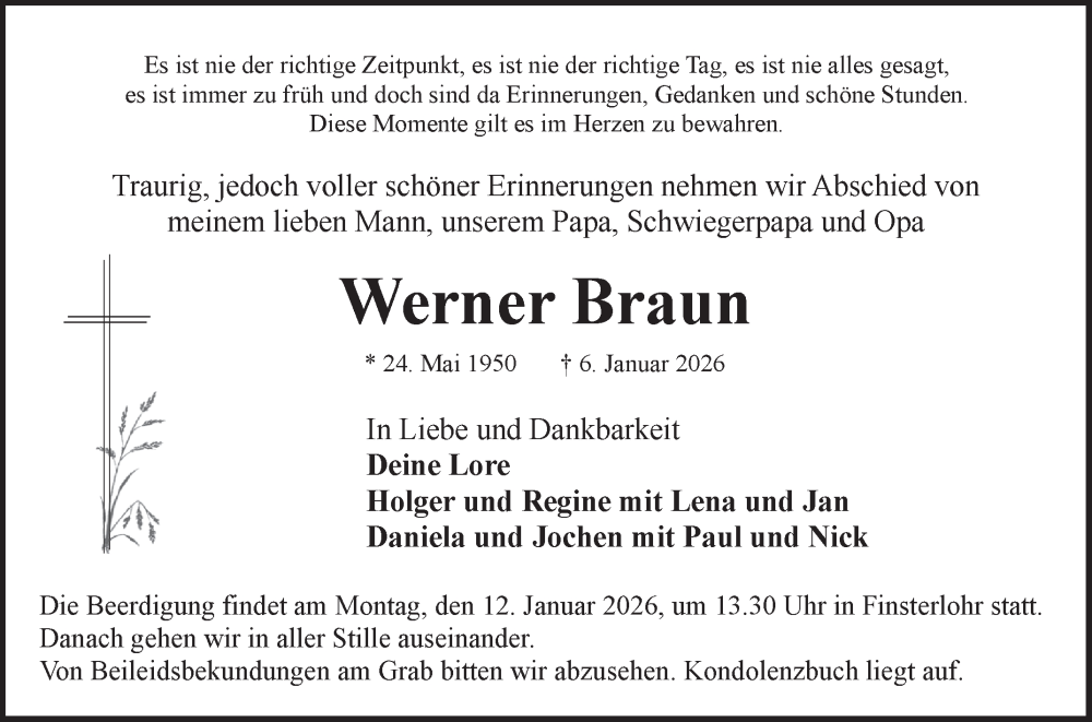  Traueranzeige für Werner Braun vom 09.01.2026 aus Fränkische Nachrichten