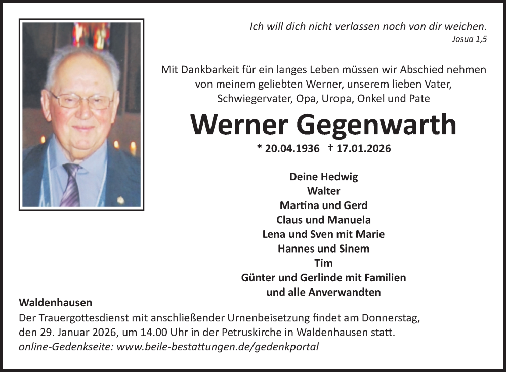 Traueranzeige für Werner Gegenwarth vom 24.01.2026 aus Fränkische Nachrichten