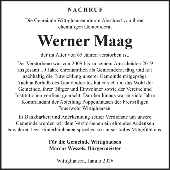 Traueranzeige von Werner Maag von Fränkische Nachrichten
