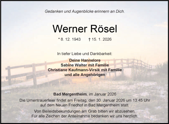 Traueranzeige von Werner Rösel von Fränkische Nachrichten