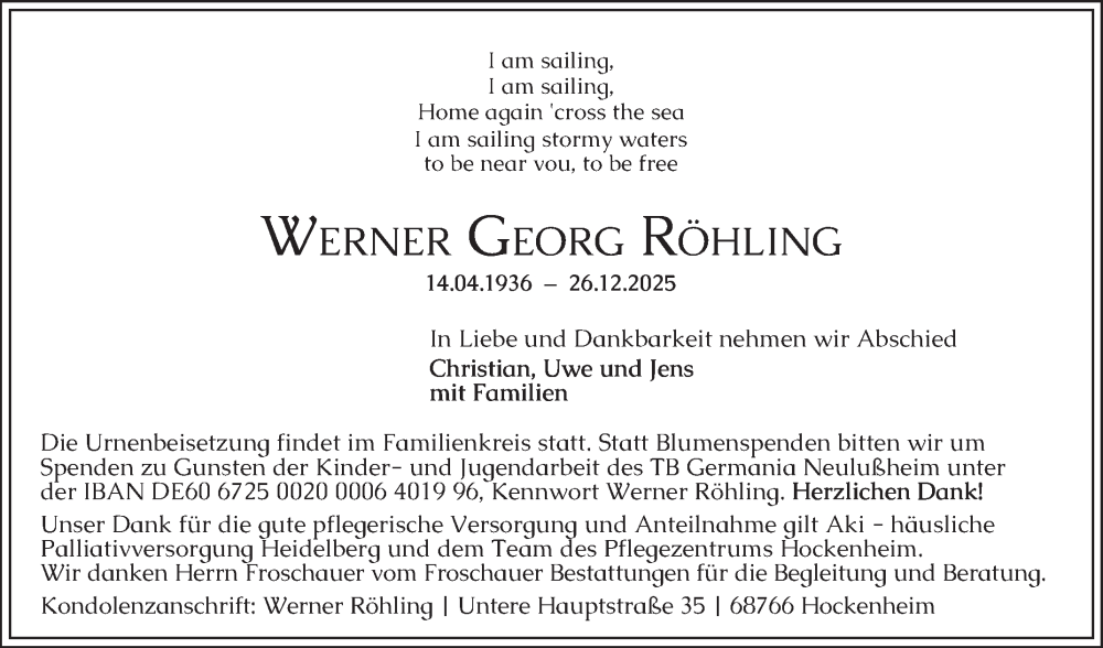  Traueranzeige für Werner Georg Röhling vom 10.01.2026 aus Schwetzinger Zeitung