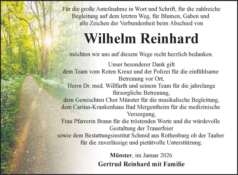 Traueranzeige für Wilhelm Reinhard vom 30.01.2026 aus Fränkische Nachrichten