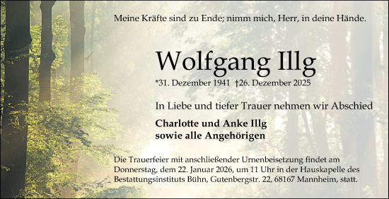 Traueranzeige von Wolfgang Illg von Mannheimer Morgen