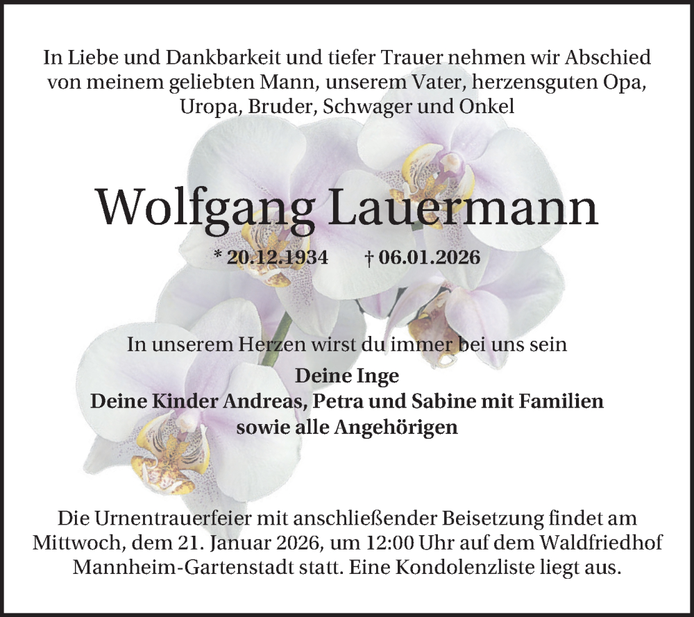  Traueranzeige für Wolfgang Lauermann vom 17.01.2026 aus Mannheimer Morgen