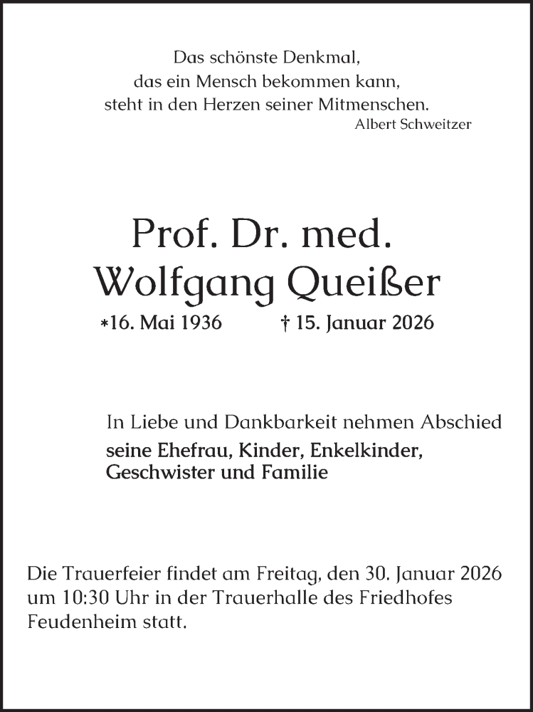  Traueranzeige für Wolfgang Queißer vom 24.01.2026 aus Mannheimer Morgen