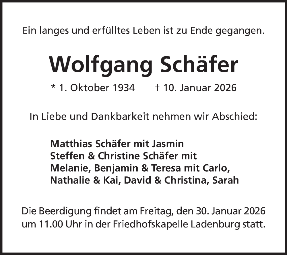  Traueranzeige für Wolfgang Schäfer vom 24.01.2026 aus Mannheimer Morgen