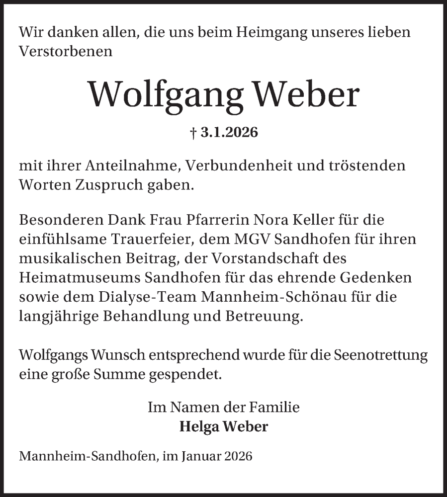  Traueranzeige für Wolfgang Weber vom 31.01.2026 aus Mannheimer Morgen