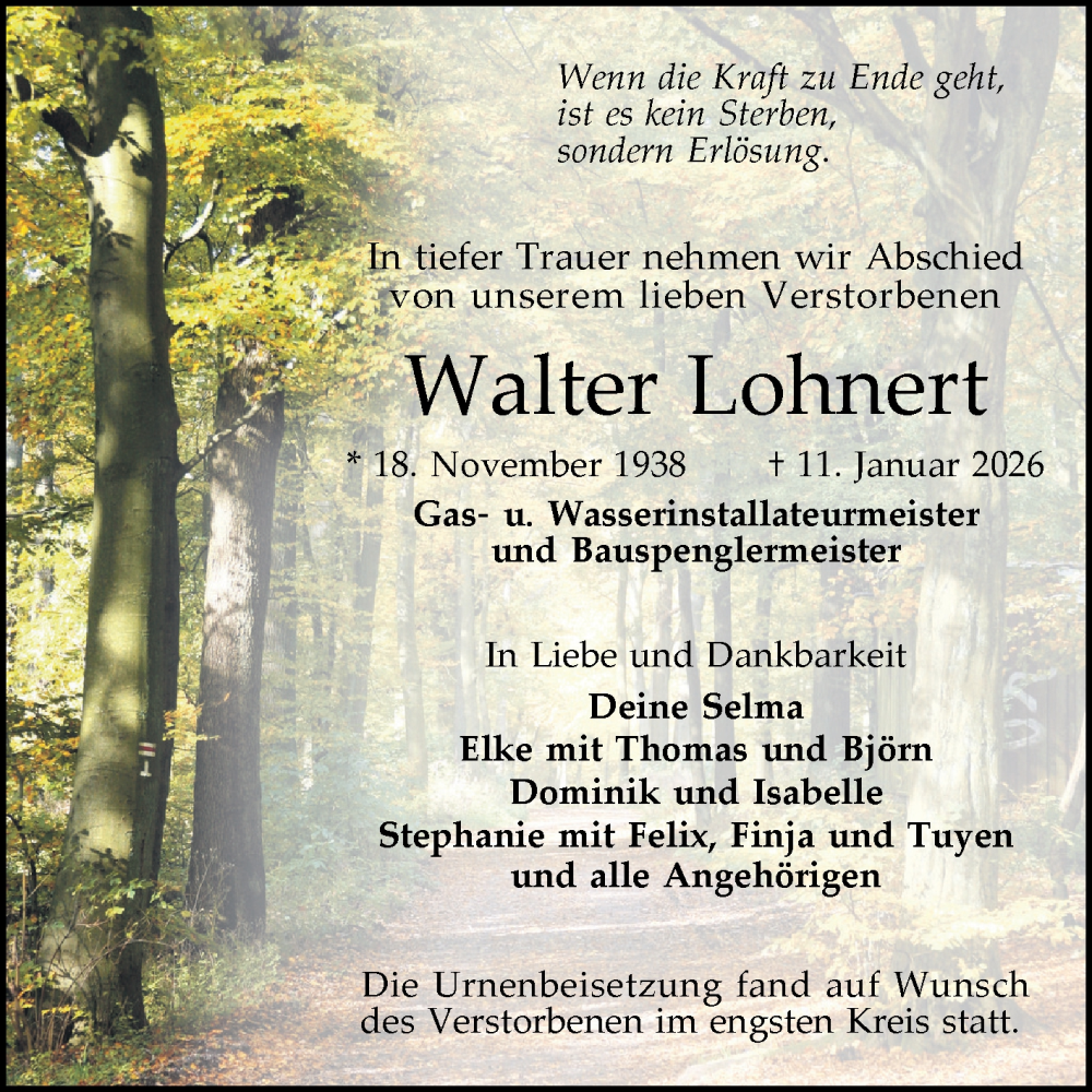  Traueranzeige für Walter Lohnert vom 07.02.2026 aus Mannheimer Morgen