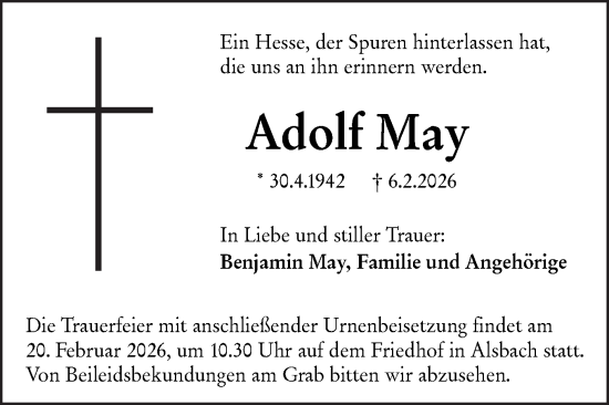 Traueranzeige von Adolf May von Bergsträßer Anzeiger