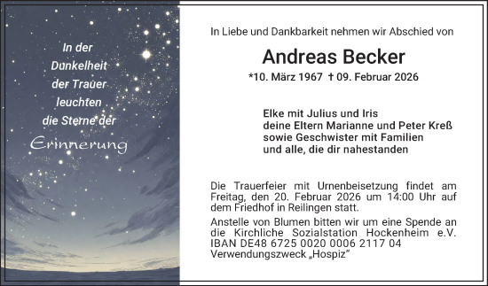 Traueranzeige von Andreas Becker von Schwetzinger Zeitung